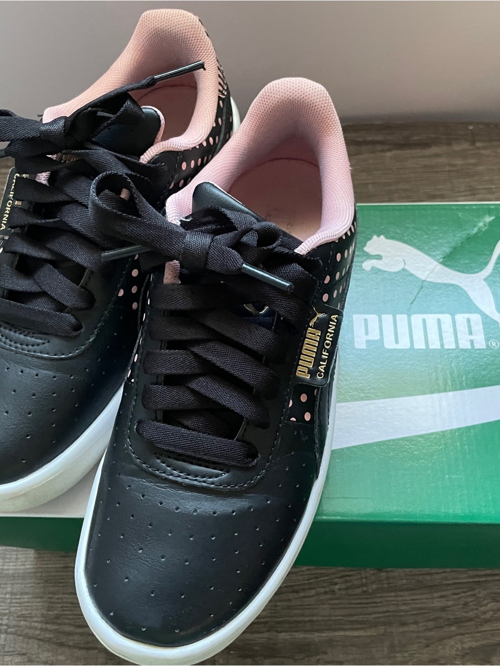 Puma California Black Sneakers with Pink Lining and Dot Accents